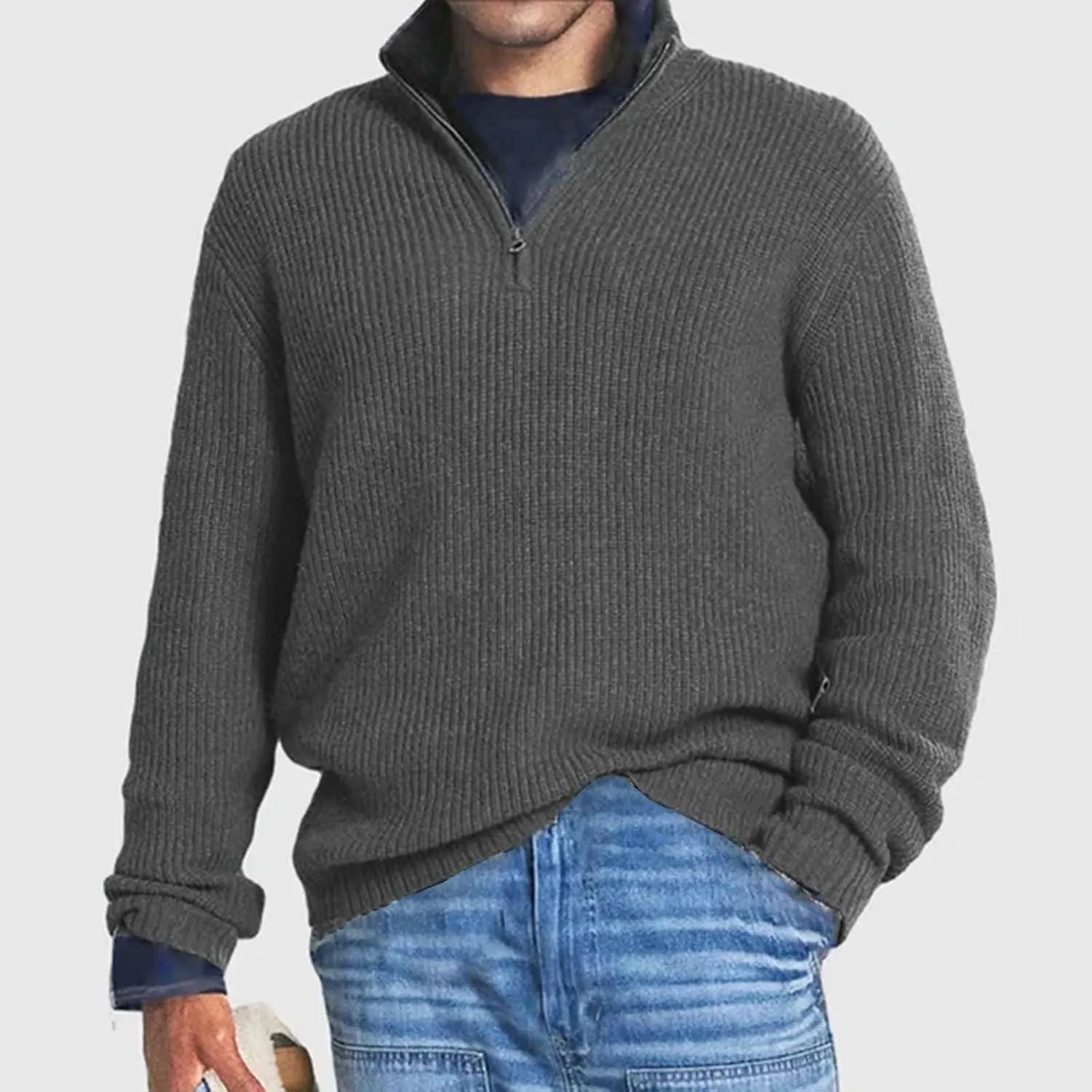 Mens Sweater Quarter Zip Pullover Cable Knit Sweater Long Sleeve Mock Turtleneck for Men Business Casual Sweater