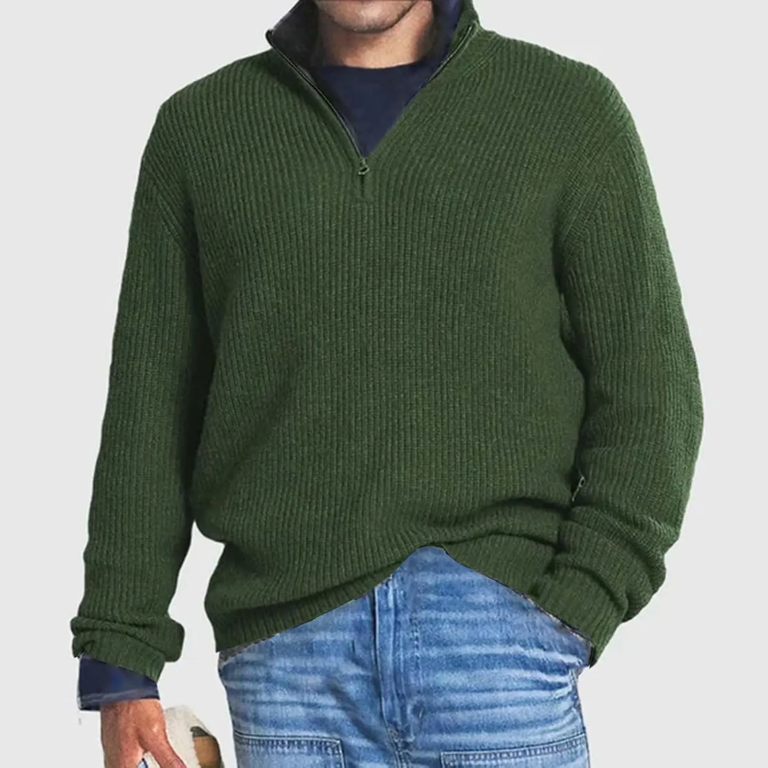 Mens Sweater Quarter Zip Pullover Cable Knit Sweater Long Sleeve Mock Turtleneck for Men Business Casual Sweater