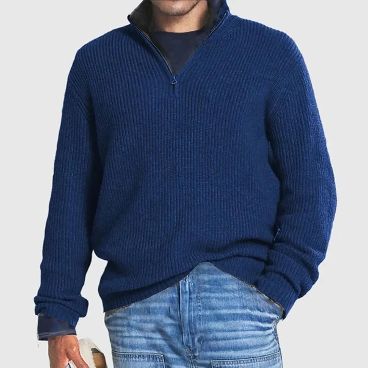 Mens Sweater Quarter Zip Pullover Cable Knit Sweater Long Sleeve Mock Turtleneck for Men Business Casual Sweater