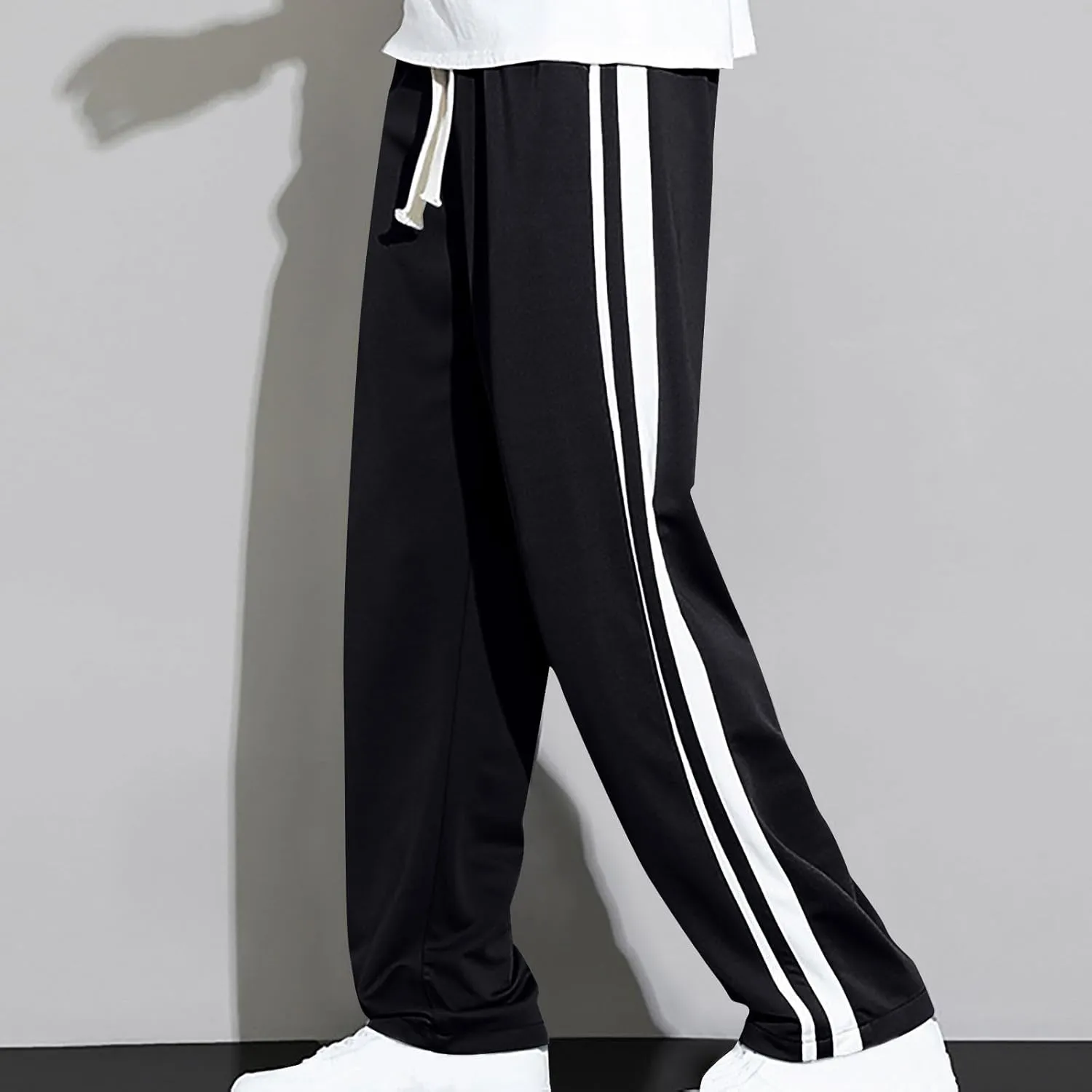 Mens Sweatpants Athletic Drawstring Jogger Pants Side Stripe Jogger Trousers Wide Leg Lounge Long Pant