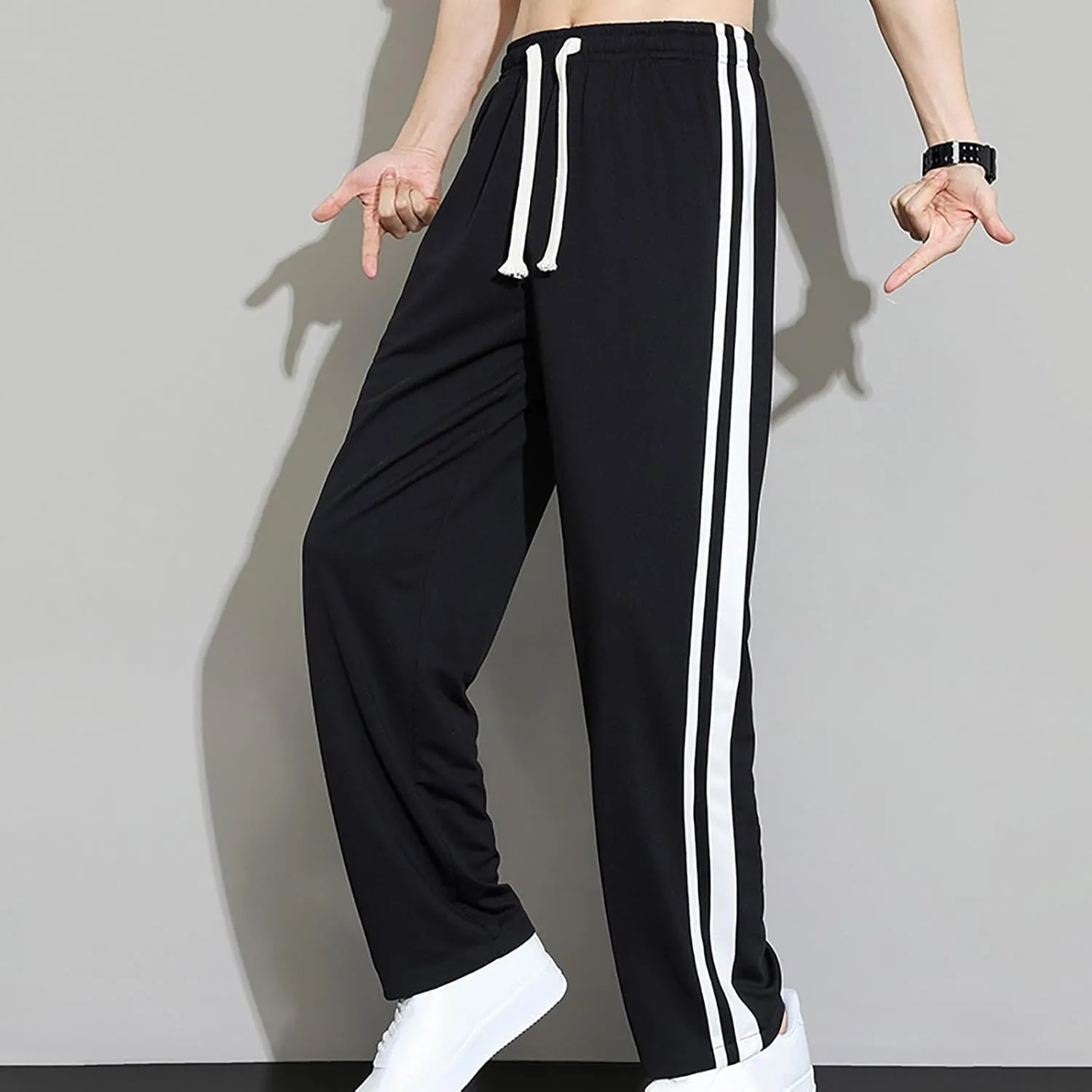 Mens Sweatpants Athletic Drawstring Jogger Pants Side Stripe Jogger Trousers Wide Leg Lounge Long Pant
