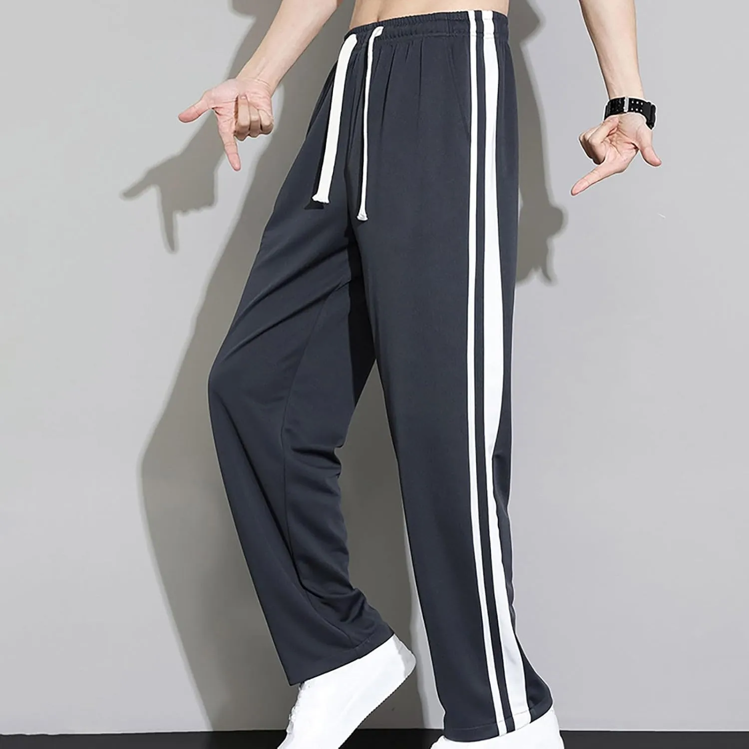 Mens Sweatpants Athletic Drawstring Jogger Pants Side Stripe Jogger Trousers Wide Leg Lounge Long Pant