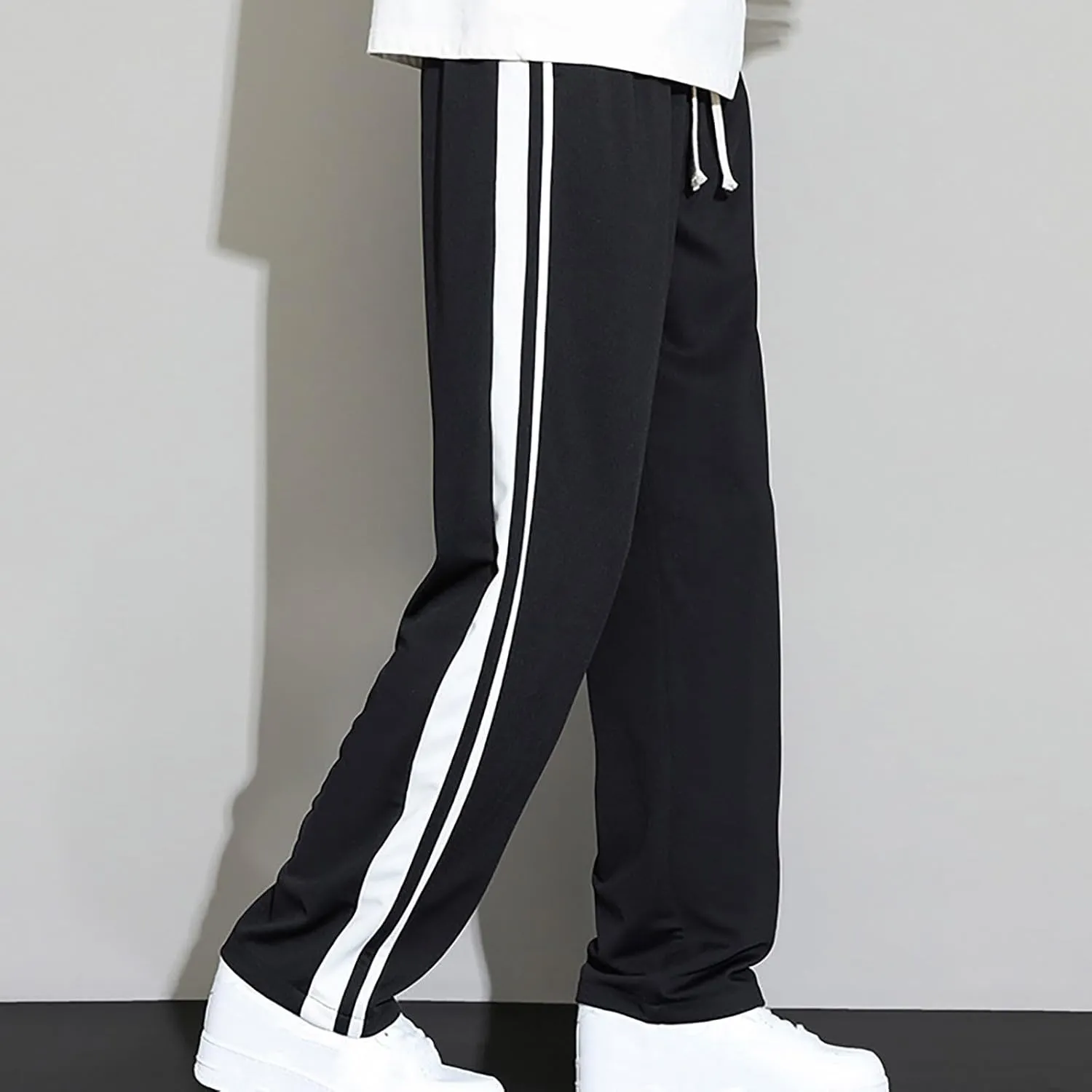 Mens Sweatpants Athletic Drawstring Jogger Pants Side Stripe Jogger Trousers Wide Leg Lounge Long Pant