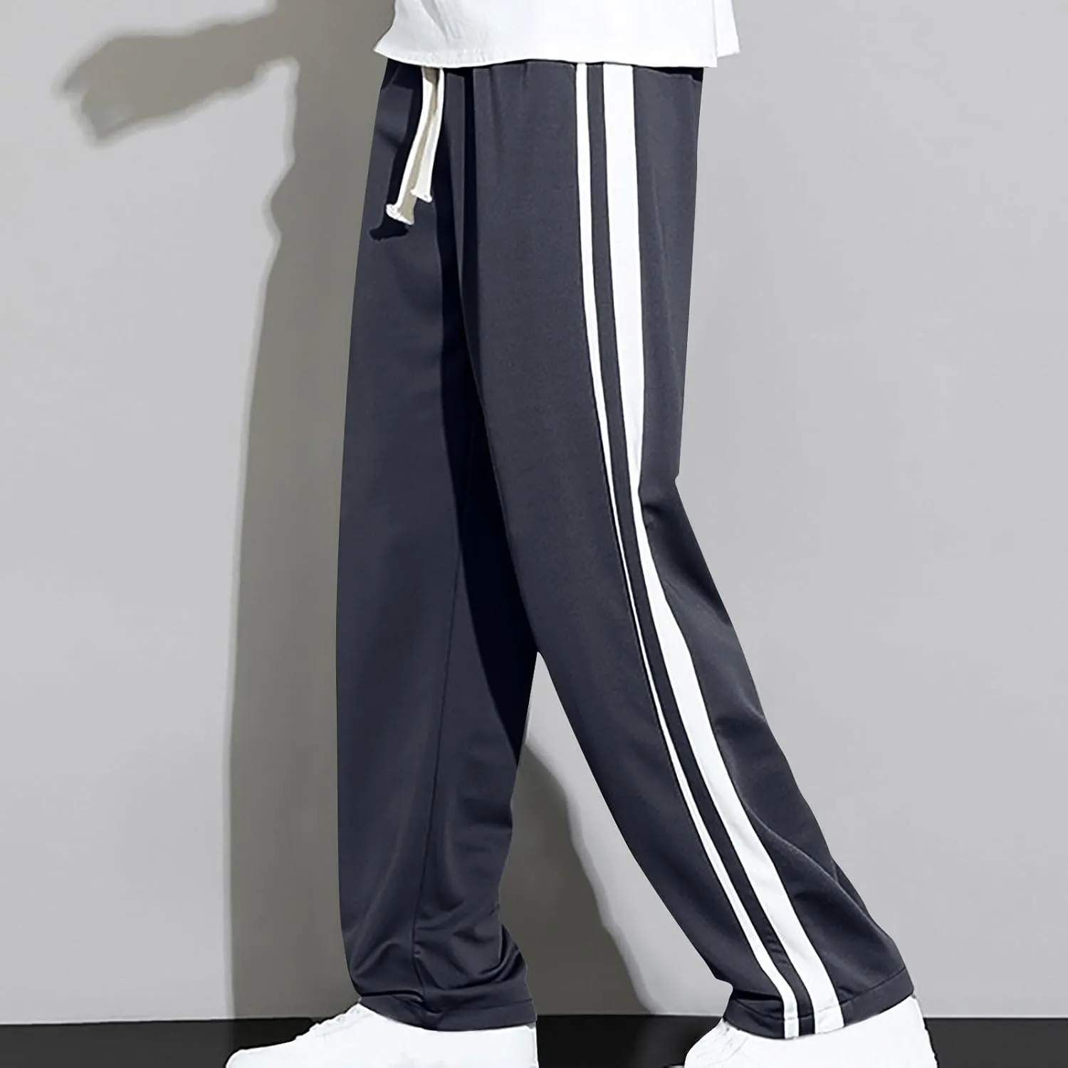 Mens Sweatpants Athletic Drawstring Jogger Pants Side Stripe Jogger Trousers Wide Leg Lounge Long Pant
