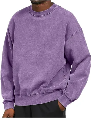 Mens Sweatshirt Solid Distressed Washed Pullover Casual Off-Shoulder Solid Color Comfort Vintage Hoodless Long Sleeve