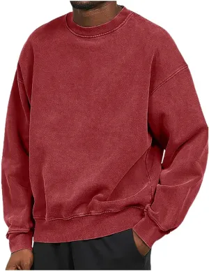 Mens Sweatshirt Solid Distressed Washed Pullover Casual Off-Shoulder Solid Color Comfort Vintage Hoodless Long Sleeve