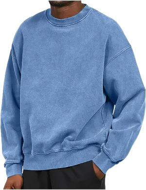 Mens Sweatshirt Solid Distressed Washed Pullover Casual Off-Shoulder Solid Color Comfort Vintage Hoodless Long Sleeve