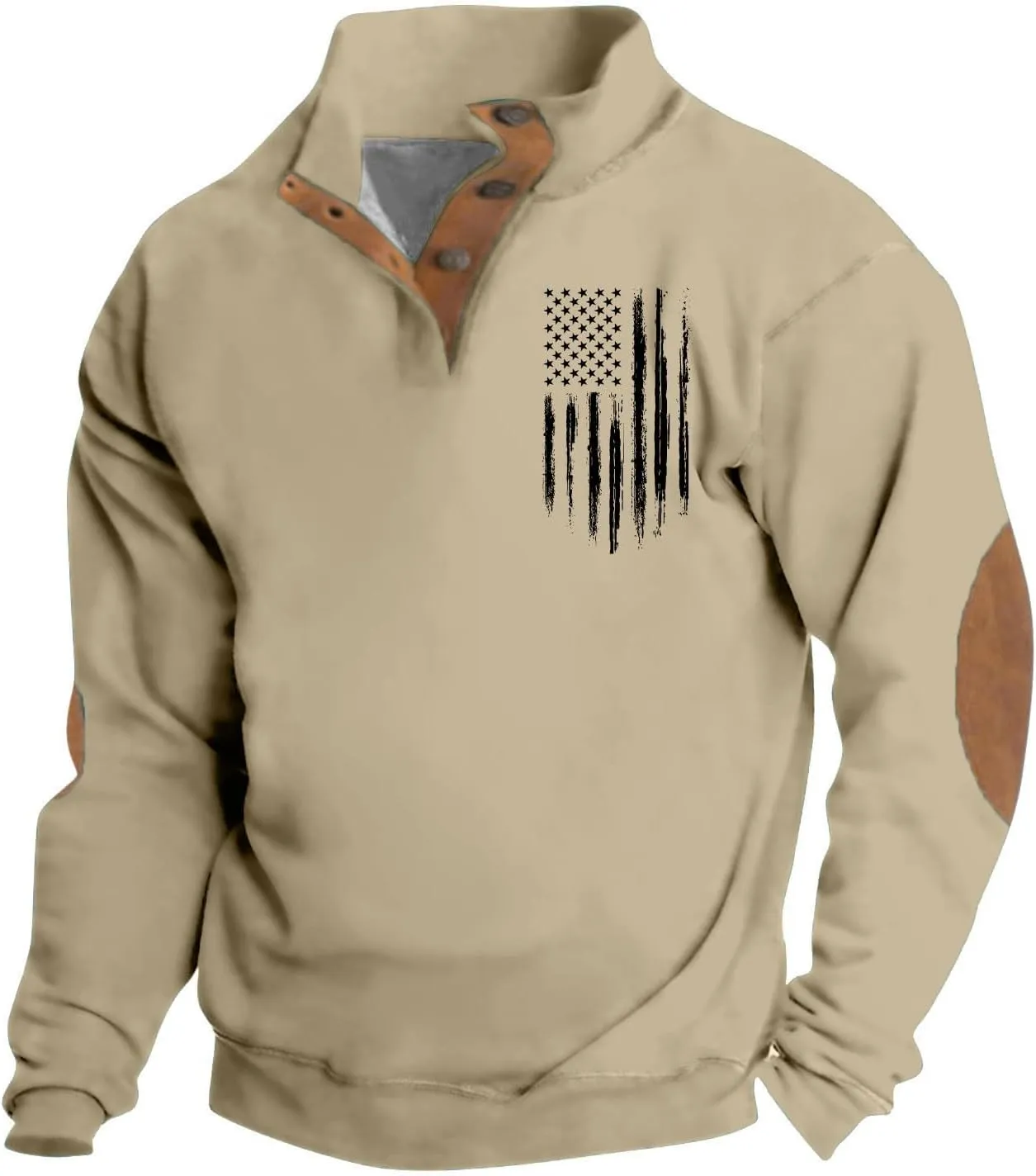Men's Sweatshirt Vintage American Flag Graphic Long Sleeve Henley Neck Button Patchwork Pullover Sweaters