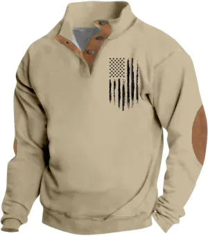 Men's Sweatshirt Vintage American Flag Graphic Long Sleeve Henley Neck Button Patchwork Pullover Sweaters