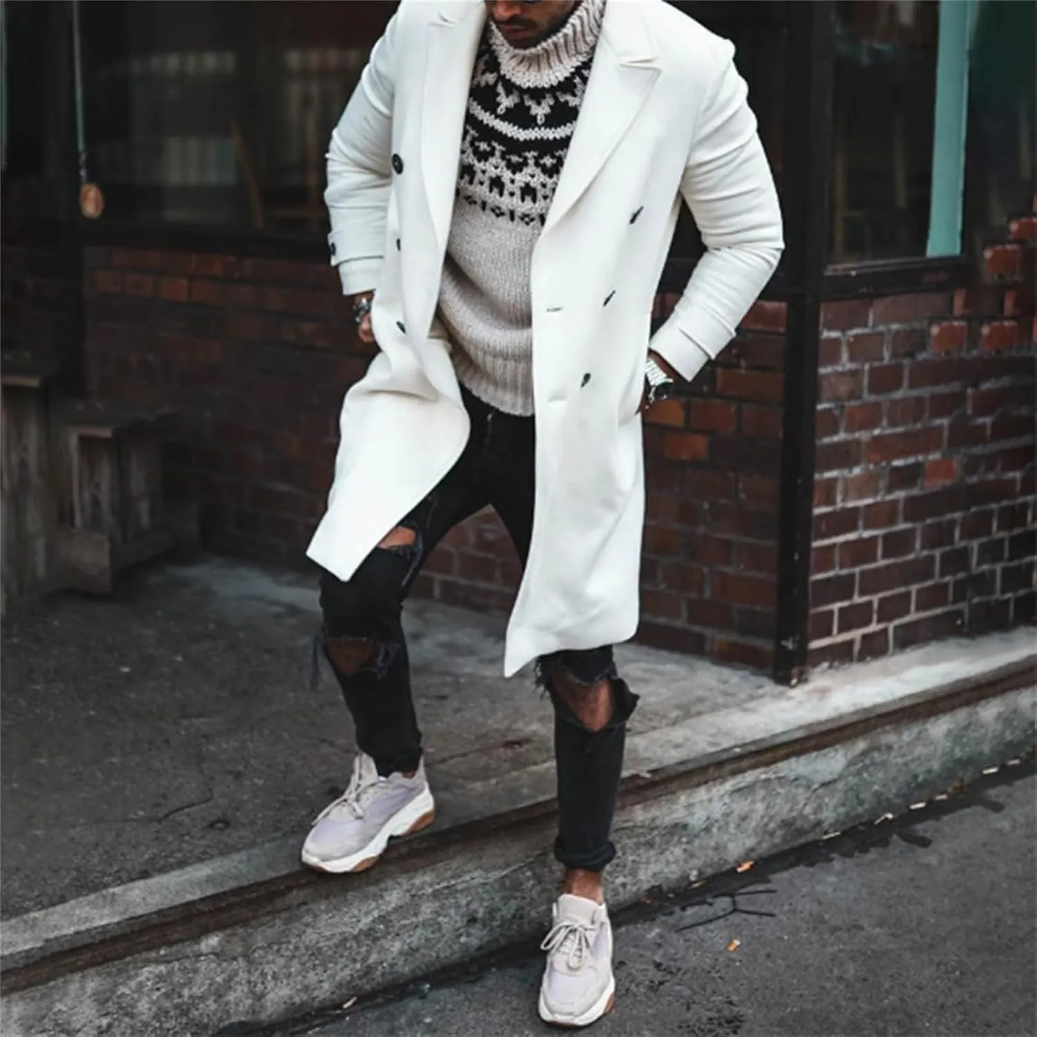 Mens Trench Coat Single Breasted Coat Fall Winter Wool Blend Pea Coat Oversized Warm Lapel Work Business Jacket Outwear
