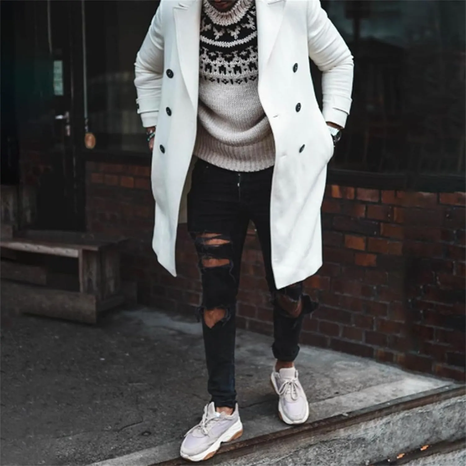 Mens Trench Coat Single Breasted Coat Fall Winter Wool Blend Pea Coat Oversized Warm Lapel Work Business Jacket Outwear