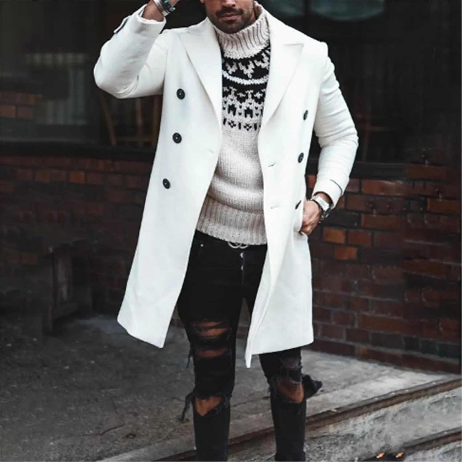 Mens Trench Coat Single Breasted Coat Fall Winter Wool Blend Pea Coat Oversized Warm Lapel Work Business Jacket Outwear