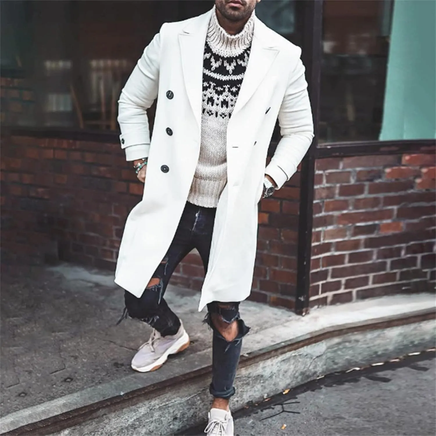Mens Trench Coat Single Breasted Coat Fall Winter Wool Blend Pea Coat Oversized Warm Lapel Work Business Jacket Outwear