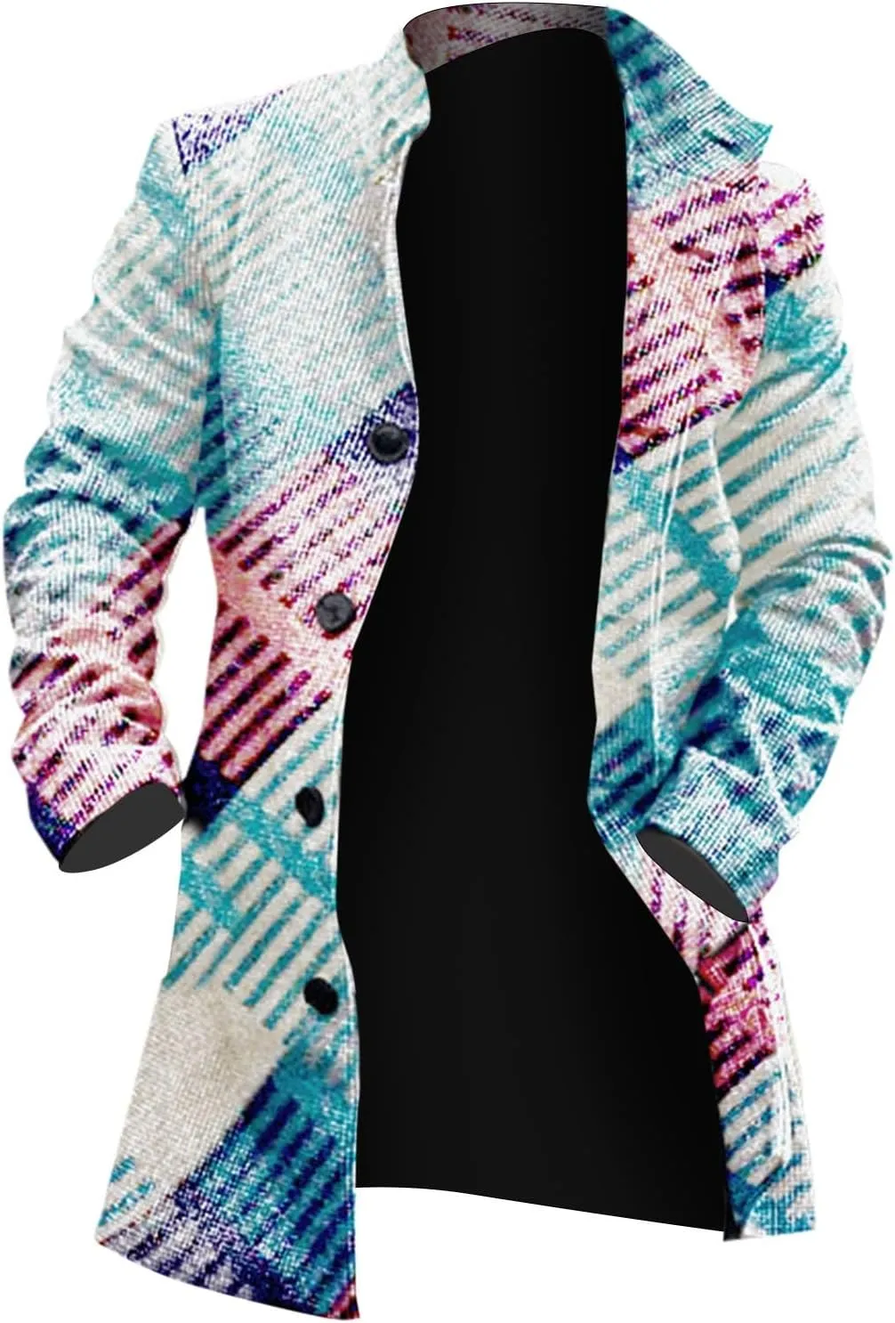 Men's Tweed Trench Coat Notched Collar Single Breasted Overcoat Vintage Big And Tall Warm Winter Plaid Midi Jackets