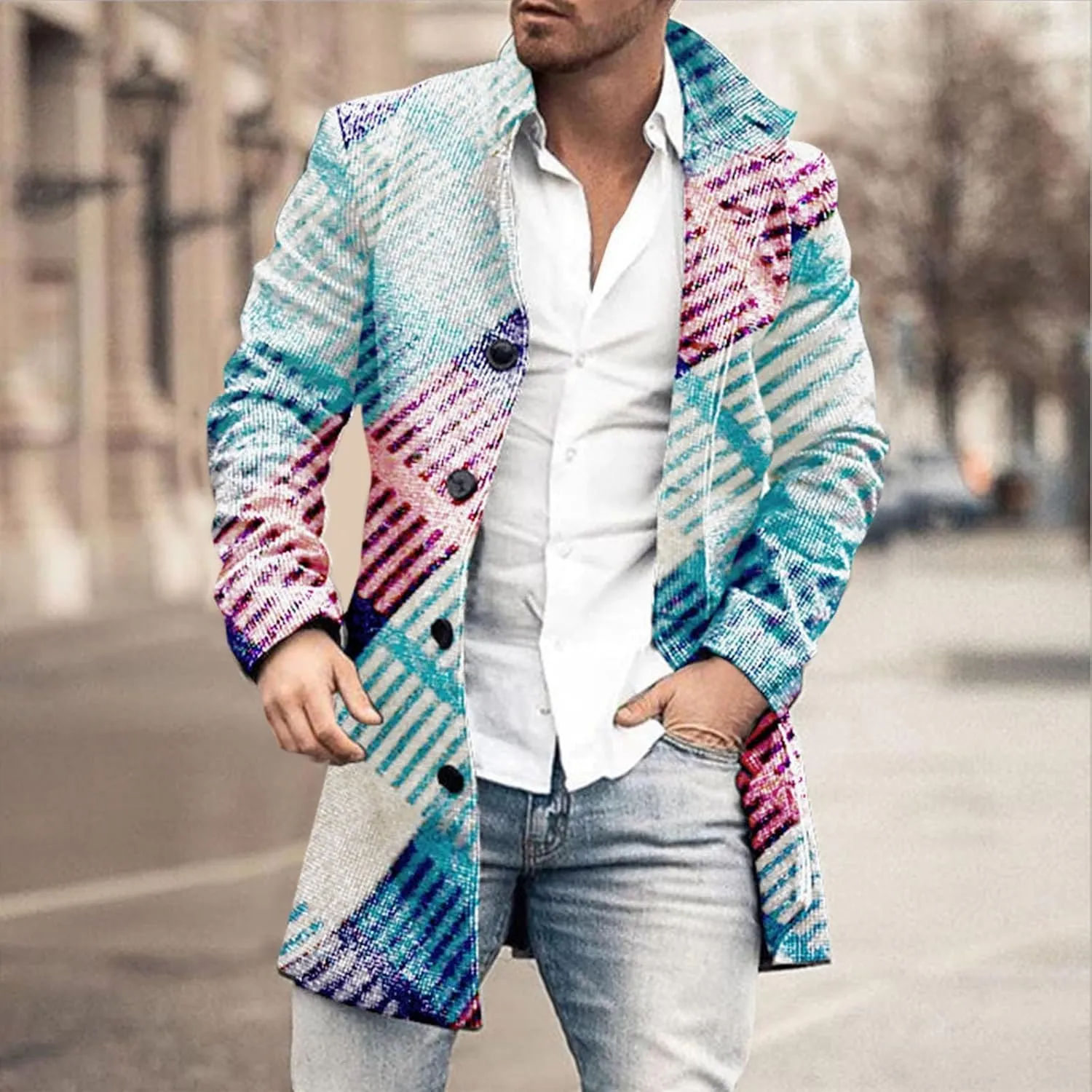 Men's Tweed Trench Coat Notched Collar Single Breasted Overcoat Vintage Big And Tall Warm Winter Plaid Midi Jackets