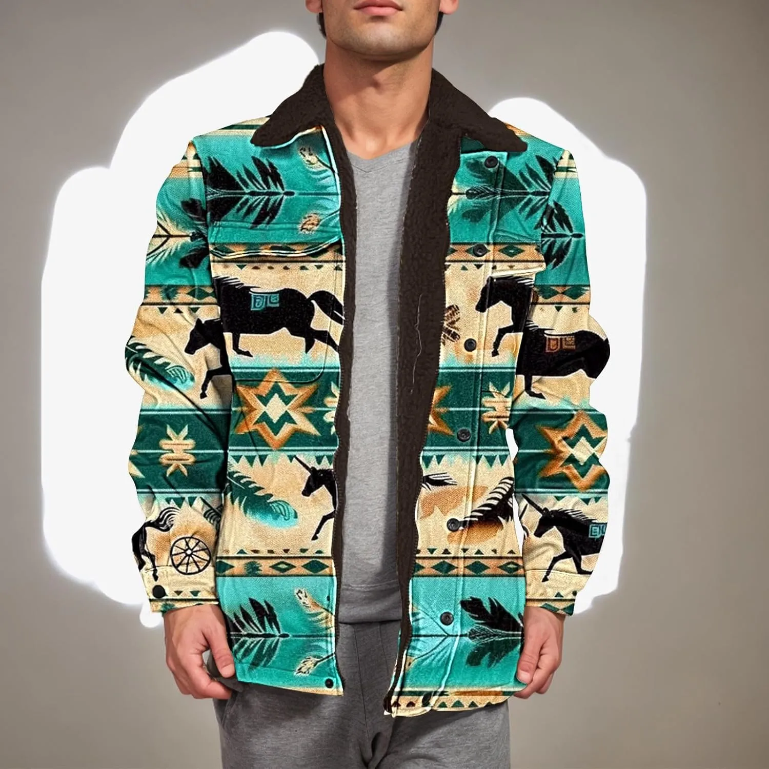 Men's Winter Coats Warm Fleece Lined Jacket Sherpa Turn-Down Collar Jacket Western Patterned Outdoor Thick Coats
