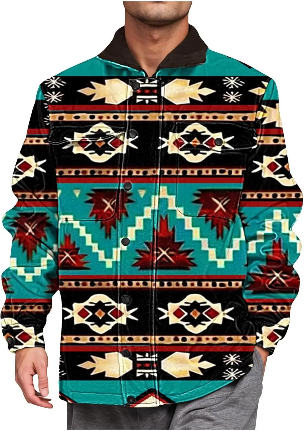 Men's Winter Coats Warm Fleece Lined Jacket Sherpa Turn-Down Collar Jacket Western Patterned Outdoor Thick Coats
