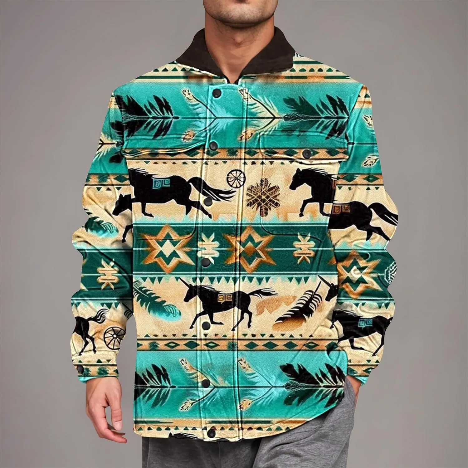 Men's Winter Coats Warm Fleece Lined Jacket Sherpa Turn-Down Collar Jacket Western Patterned Outdoor Thick Coats