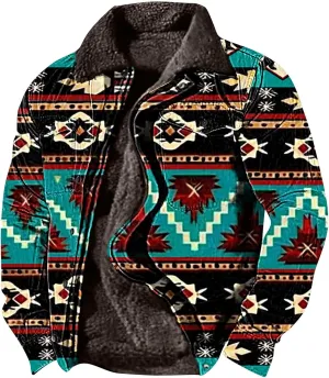 Men's Winter Coats Warm Fleece Lined Jacket Sherpa Turn-Down Collar Jacket Western Patterned Outdoor Thick Coats