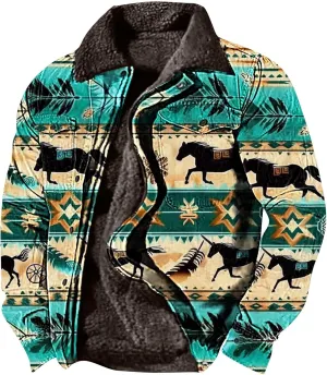 Men's Winter Coats Warm Fleece Lined Jacket Sherpa Turn-Down Collar Jacket Western Patterned Outdoor Thick Coats