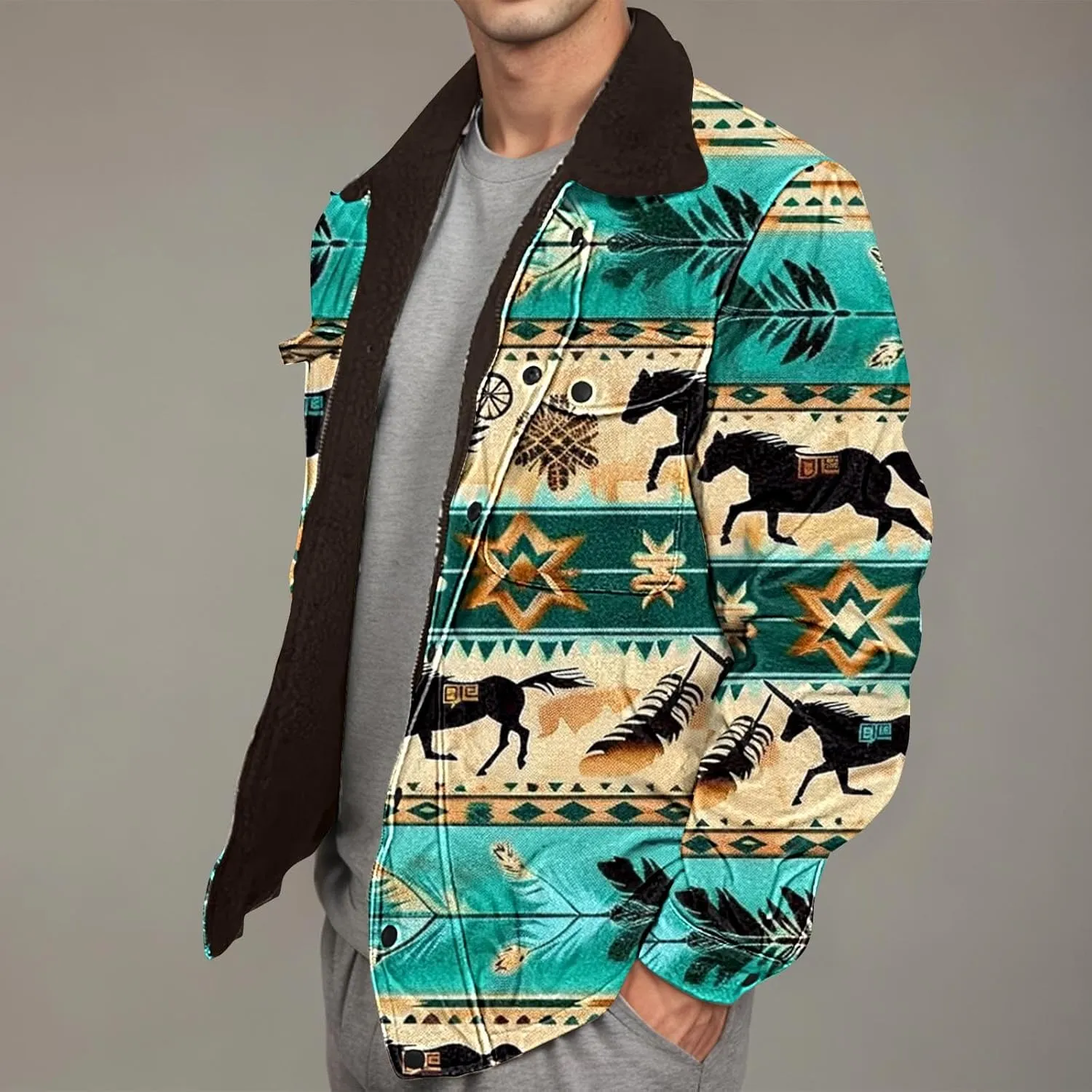 Men's Winter Coats Warm Fleece Lined Jacket Sherpa Turn-Down Collar Jacket Western Patterned Outdoor Thick Coats