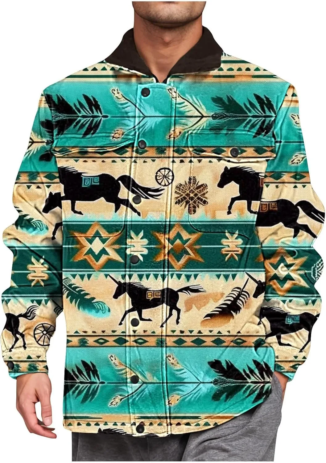 Men's Winter Coats Warm Fleece Lined Jacket Sherpa Turn-Down Collar Jacket Western Patterned Outdoor Thick Coats