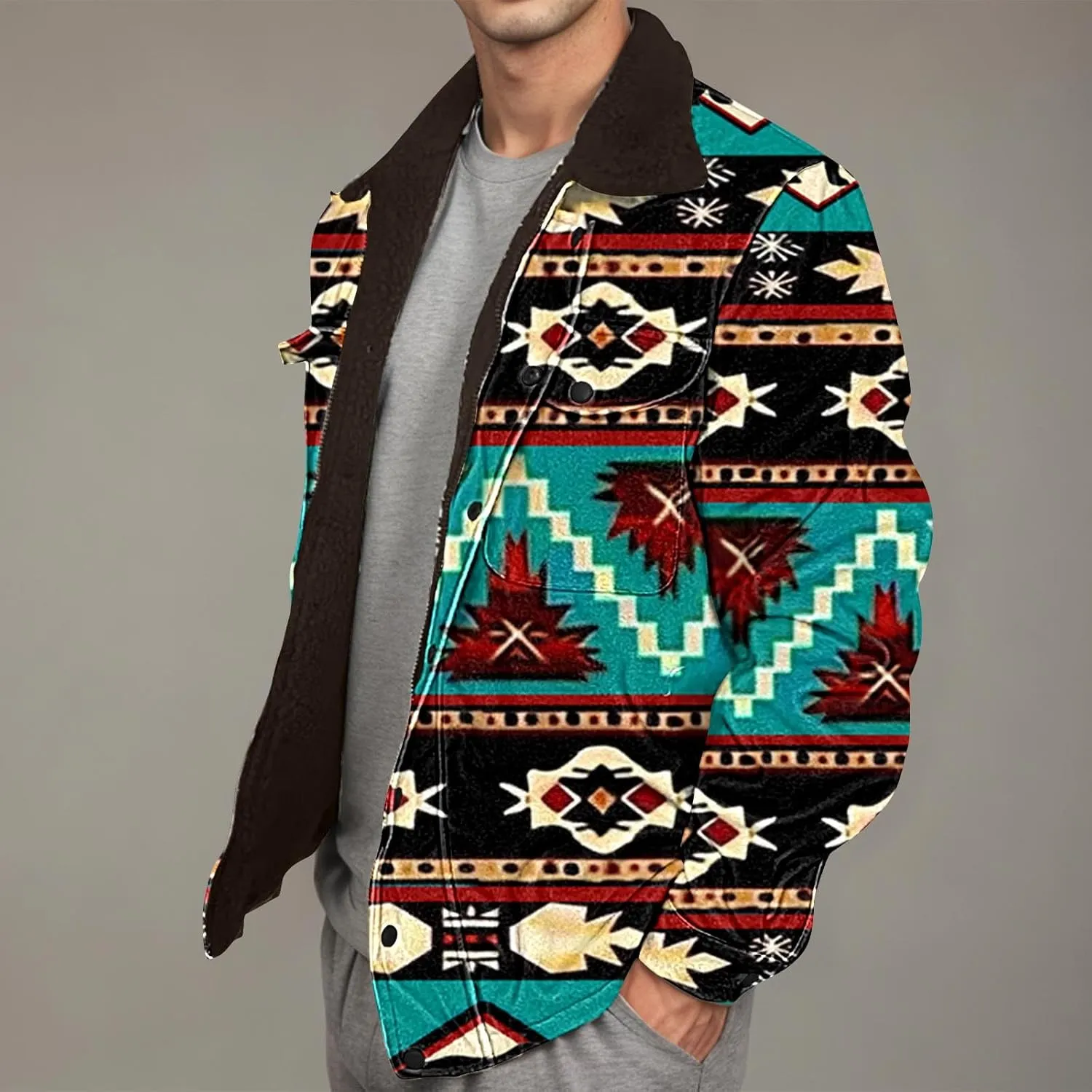 Men's Winter Coats Warm Fleece Lined Jacket Sherpa Turn-Down Collar Jacket Western Patterned Outdoor Thick Coats