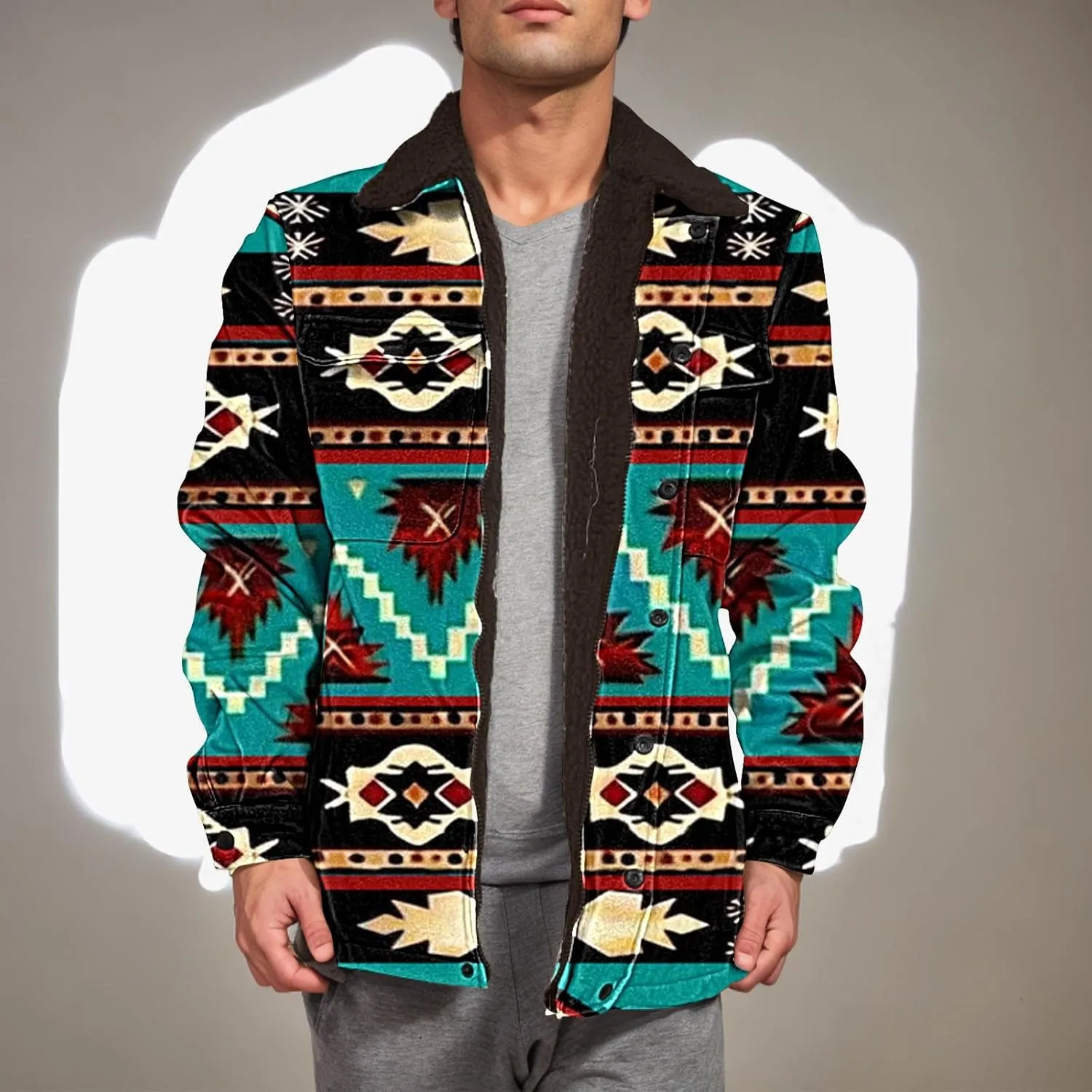 Men's Winter Coats Warm Fleece Lined Jacket Sherpa Turn-Down Collar Jacket Western Patterned Outdoor Thick Coats