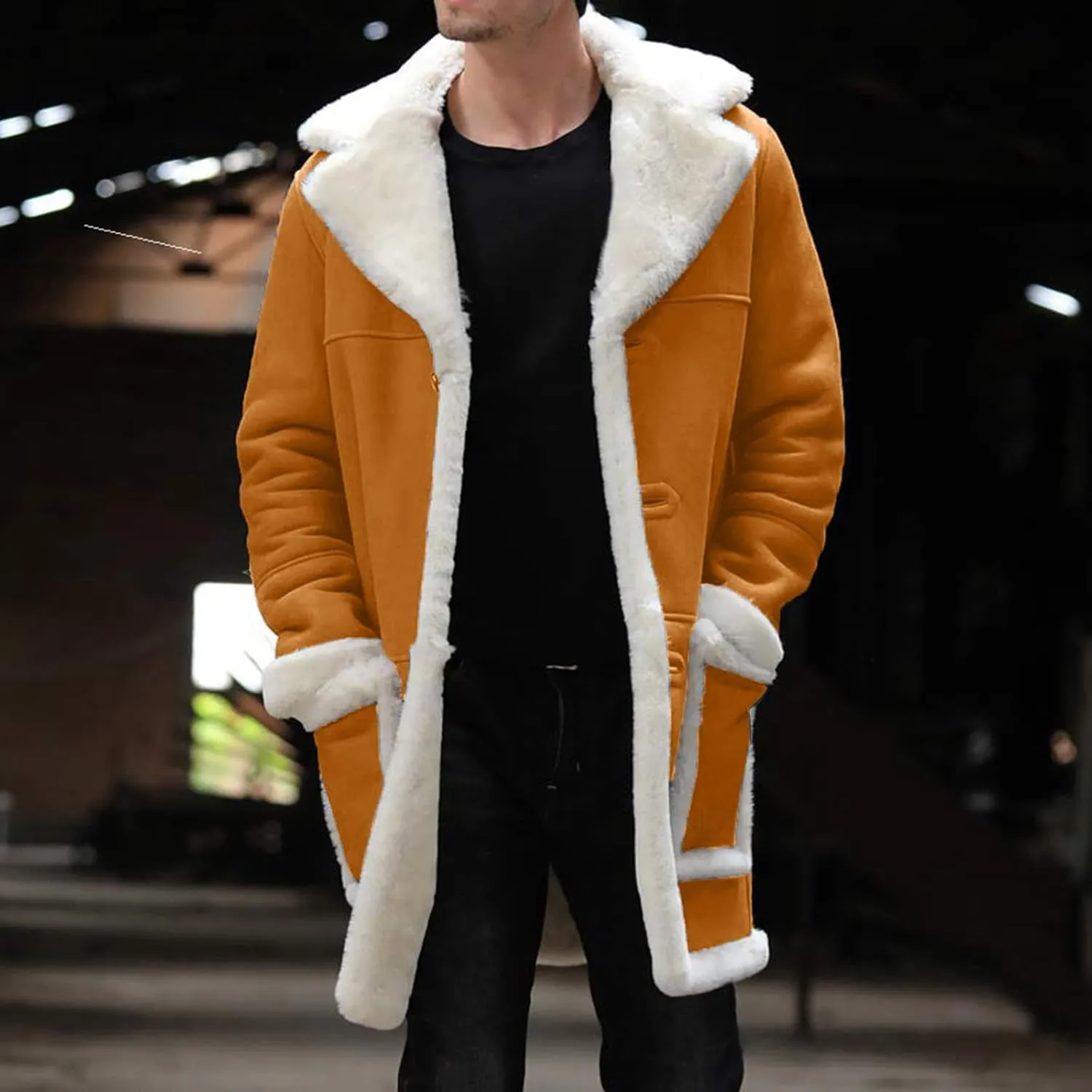 Mens Winter Warm Sherpa Fleece Lined Long Trench Coat with Fur Collar Faux Leather Shearling Jacket Pocket