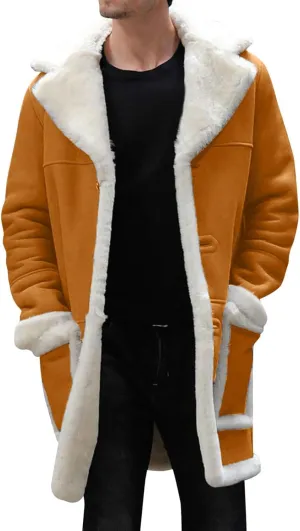 Mens Winter Warm Sherpa Fleece Lined Long Trench Coat with Fur Collar Faux Leather Shearling Jacket Pocket