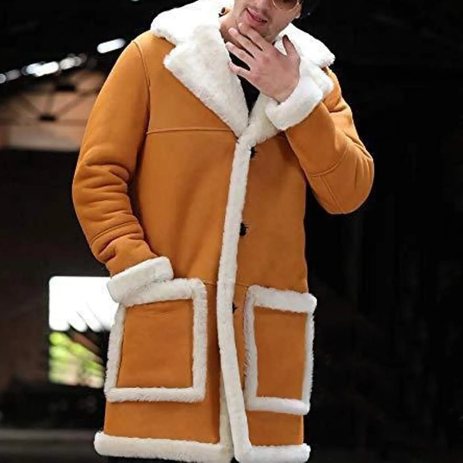 Mens Winter Warm Sherpa Fleece Lined Long Trench Coat with Fur Collar Faux Leather Shearling Jacket Pocket