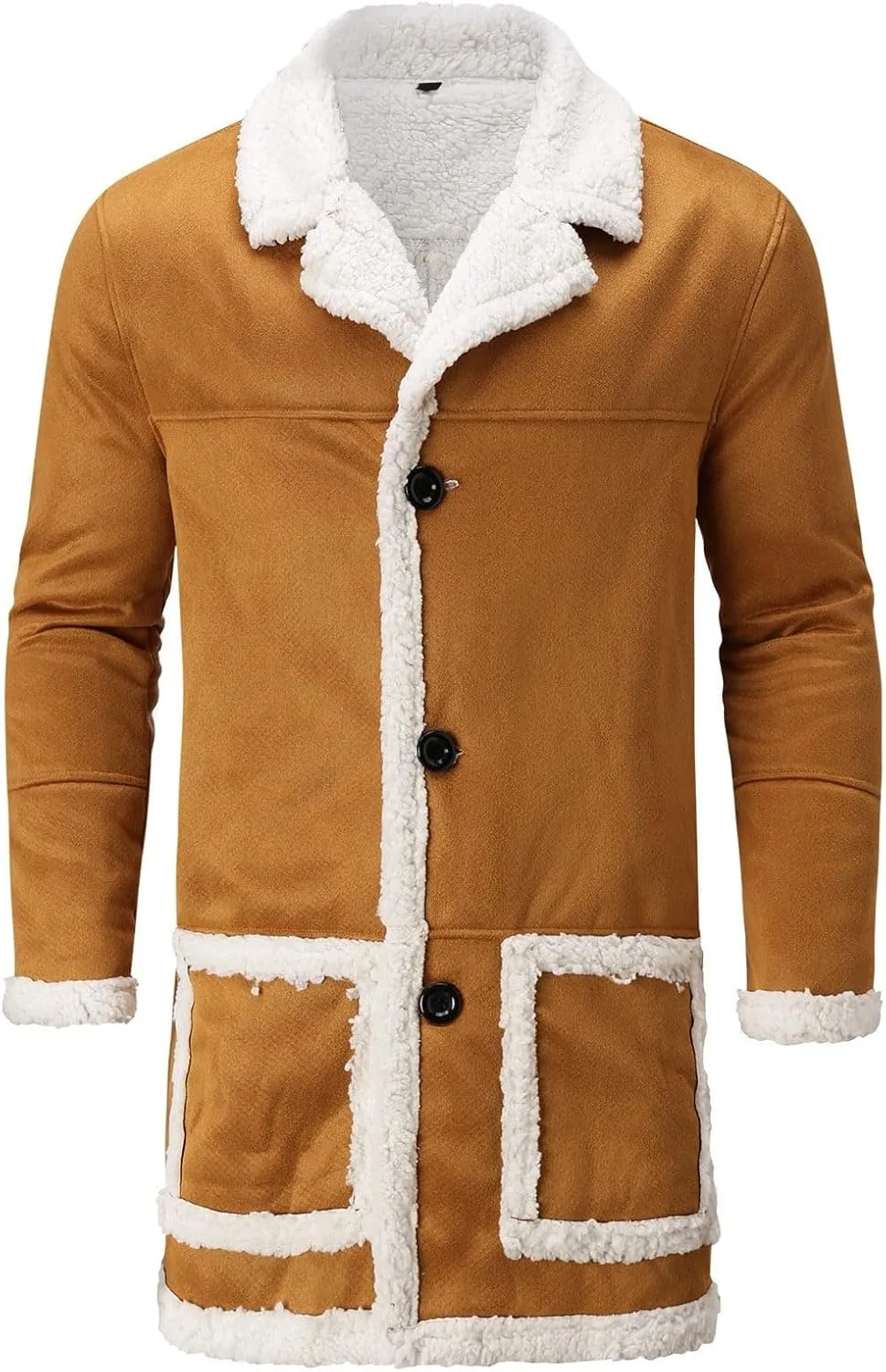 Mens Winter Warm Sherpa Fleece Lined Long Trench Coat with Fur Collar Faux Leather Shearling Jacket Pocket