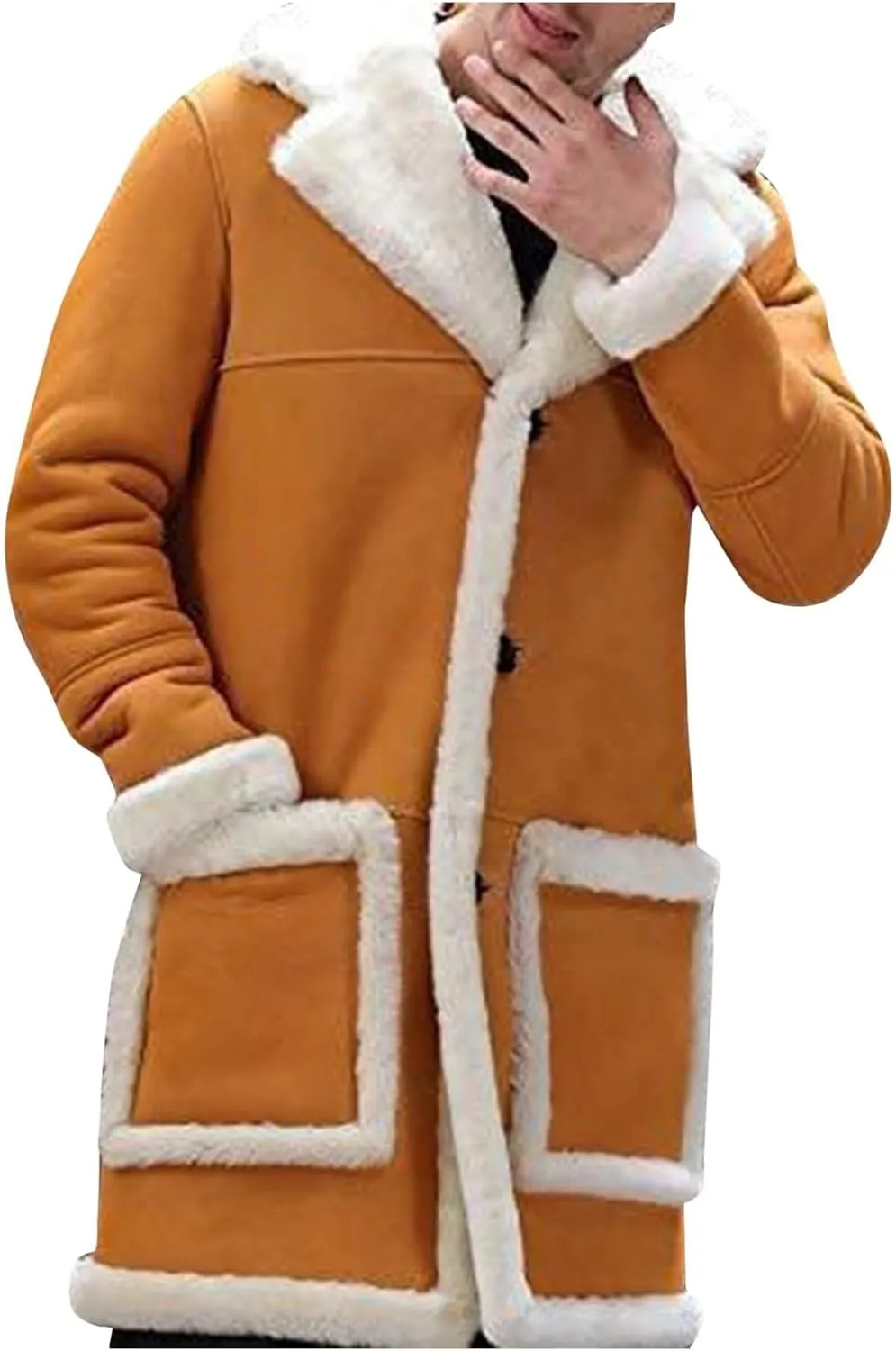 Mens Winter Warm Sherpa Fleece Lined Long Trench Coat with Fur Collar Faux Leather Shearling Jacket Pocket