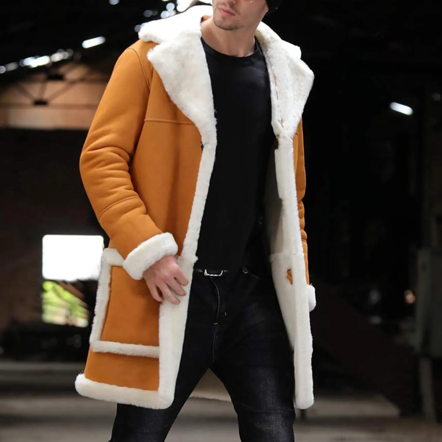 Mens Winter Warm Sherpa Fleece Lined Long Trench Coat with Fur Collar Faux Leather Shearling Jacket Pocket