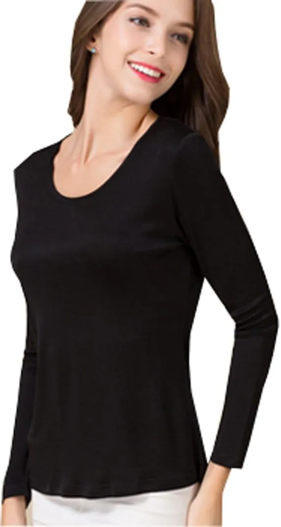 METWAY Women's Mulberry Silk T-Shirt Long Sleeve Pure Silk tee Shirt/Crew Neck Silk Blouse Undershirt