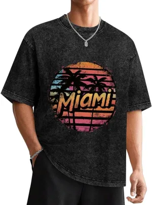 Miami Sunset Oversized Vintage Shirts Cotton Short Sleeve Crew Neck Loose Tops Fashion Casual Tee