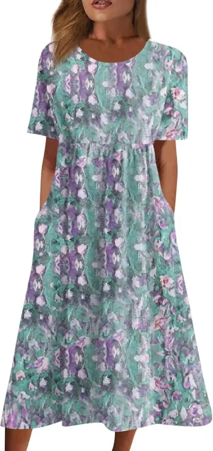 Midi Dresses for Women,Casual Plus Size Elegant Vintage Floral Smocked Flowy Dress Trendy Short Sleeve Summer Dress