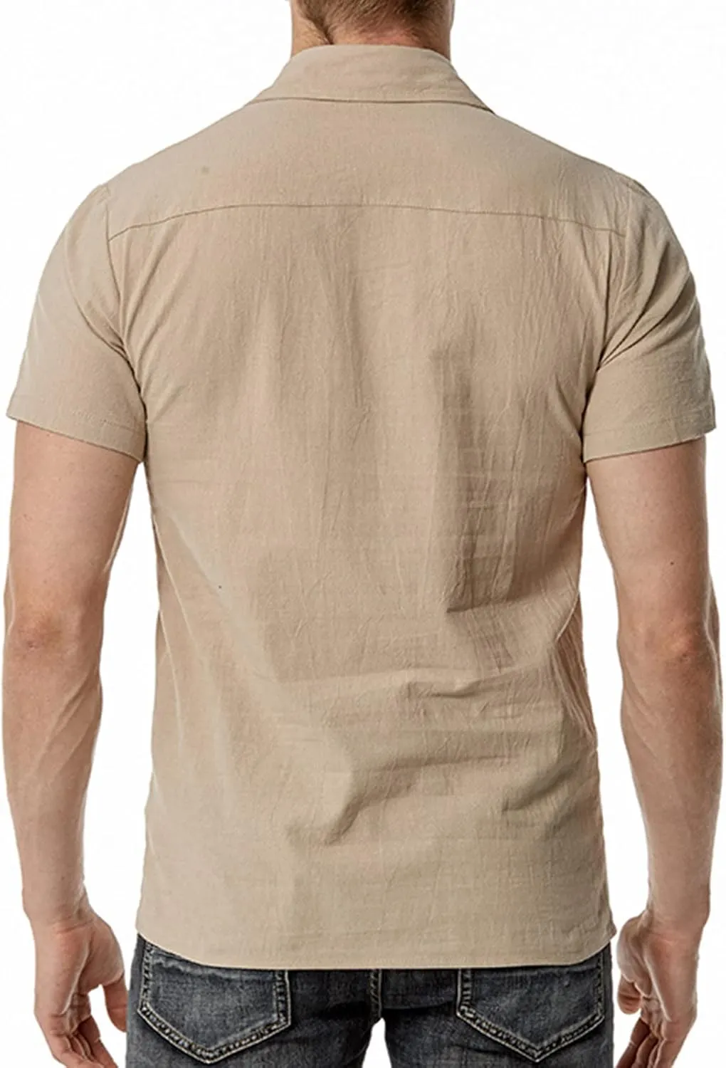 Muscularfit Men Summer Shirts Casual Stylish Short Sleeve Button T Shirt Regular-Fit Cotton Linen Loose Fit Henley Black Top