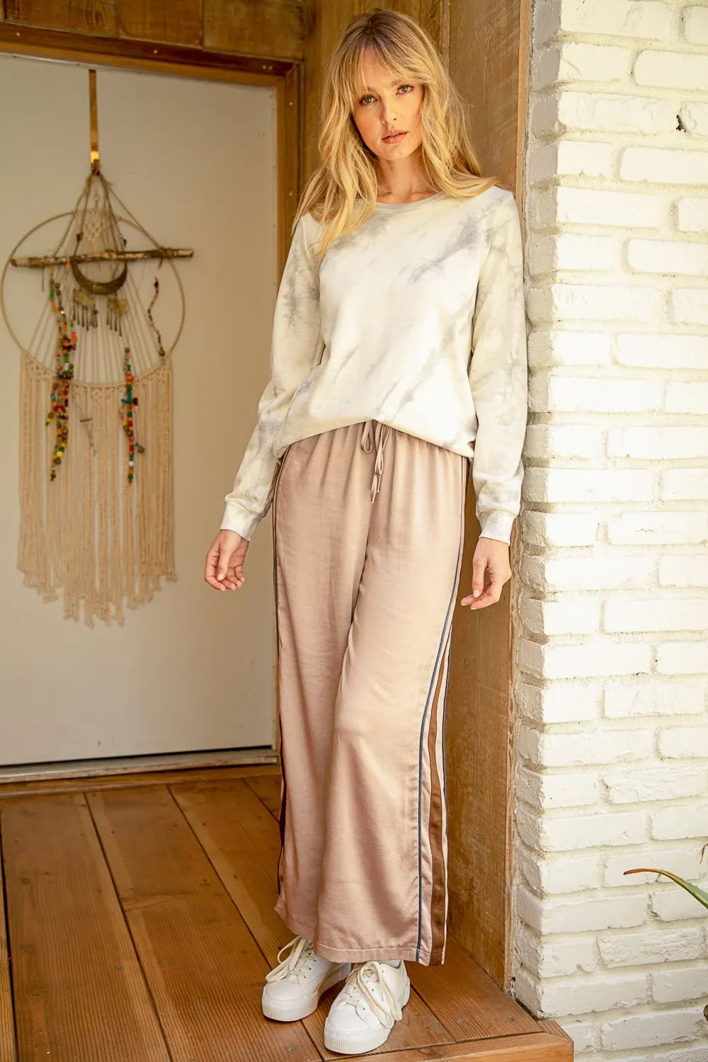 Mystree Side Stripe Satin Straight Leg Pants In Warm Grey