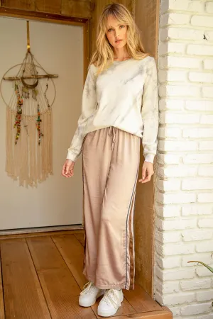 Mystree Side Stripe Satin Straight Leg Pants In Warm Grey