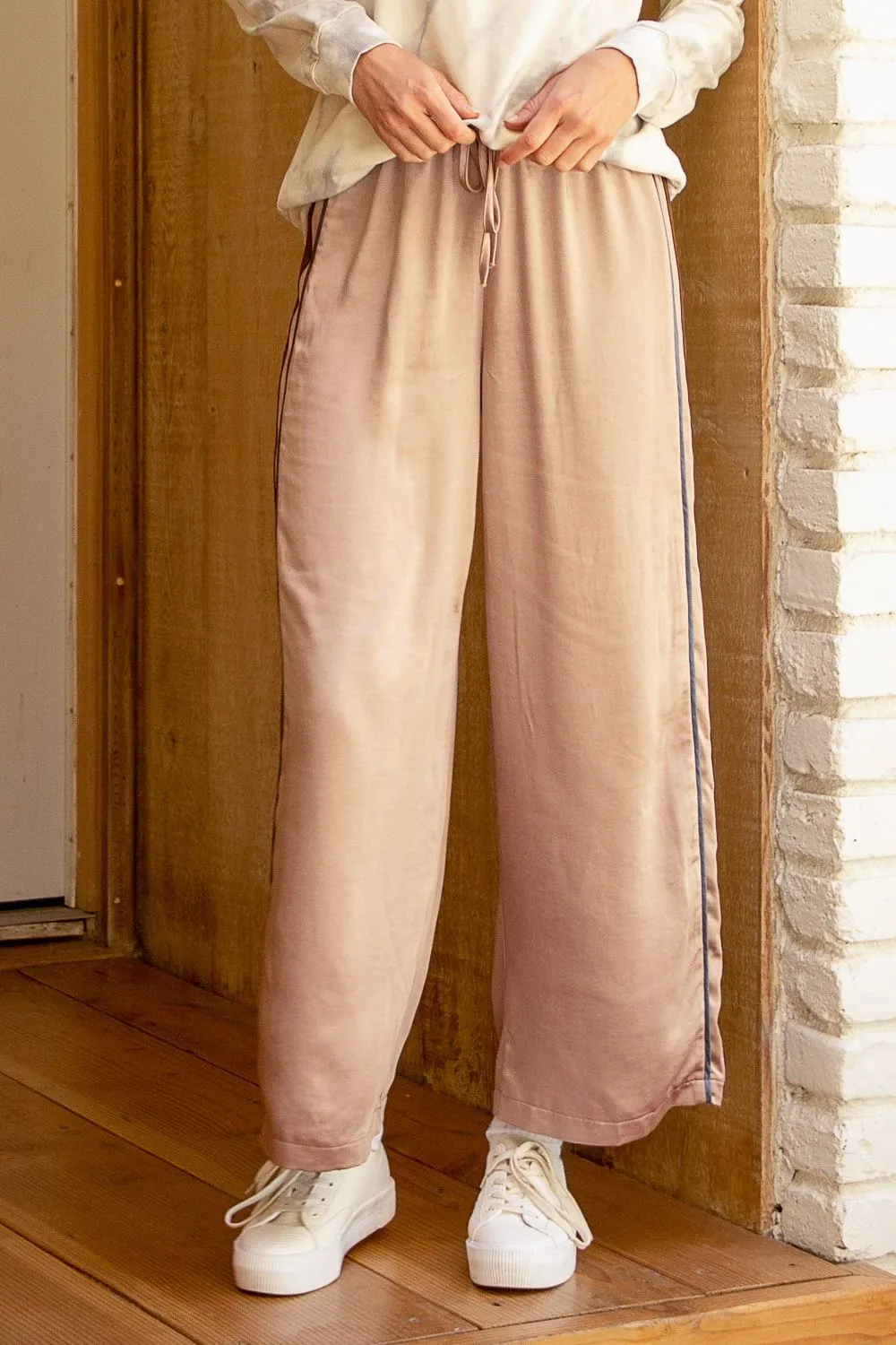 Mystree Side Stripe Satin Straight Leg Pants In Warm Grey