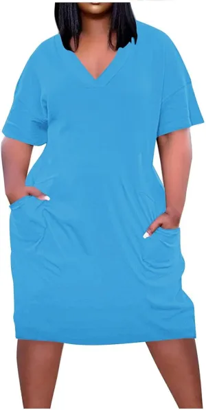 NaRHbrg Women's Plus Size Casual T-Shirt Dress Loose Fit V-Neck Short Sleeve Summer Midi Dresses Sundress with Pockets