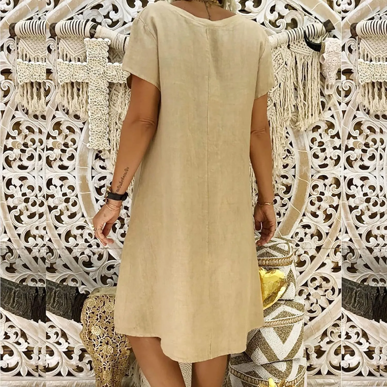 NaRHbrg Womens Summer Dress Cotton Linen Short Sleeve Mini Dresses V Neck Loose Casual Tunic Beach Sundress