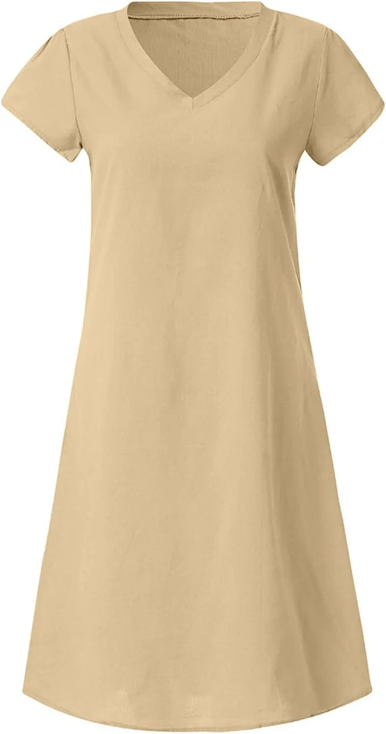 NaRHbrg Womens Summer Dress Cotton Linen Short Sleeve Mini Dresses V Neck Loose Casual Tunic Beach Sundress