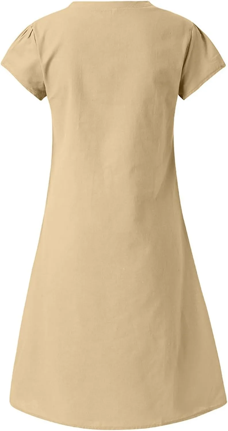 NaRHbrg Womens Summer Dress Cotton Linen Short Sleeve Mini Dresses V Neck Loose Casual Tunic Beach Sundress