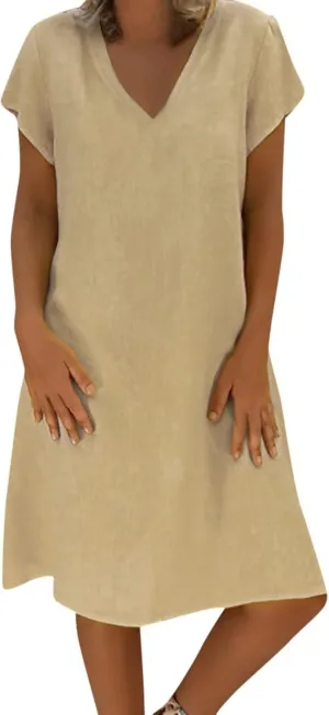 NaRHbrg Womens Summer Dress Cotton Linen Short Sleeve Mini Dresses V Neck Loose Casual Tunic Beach Sundress