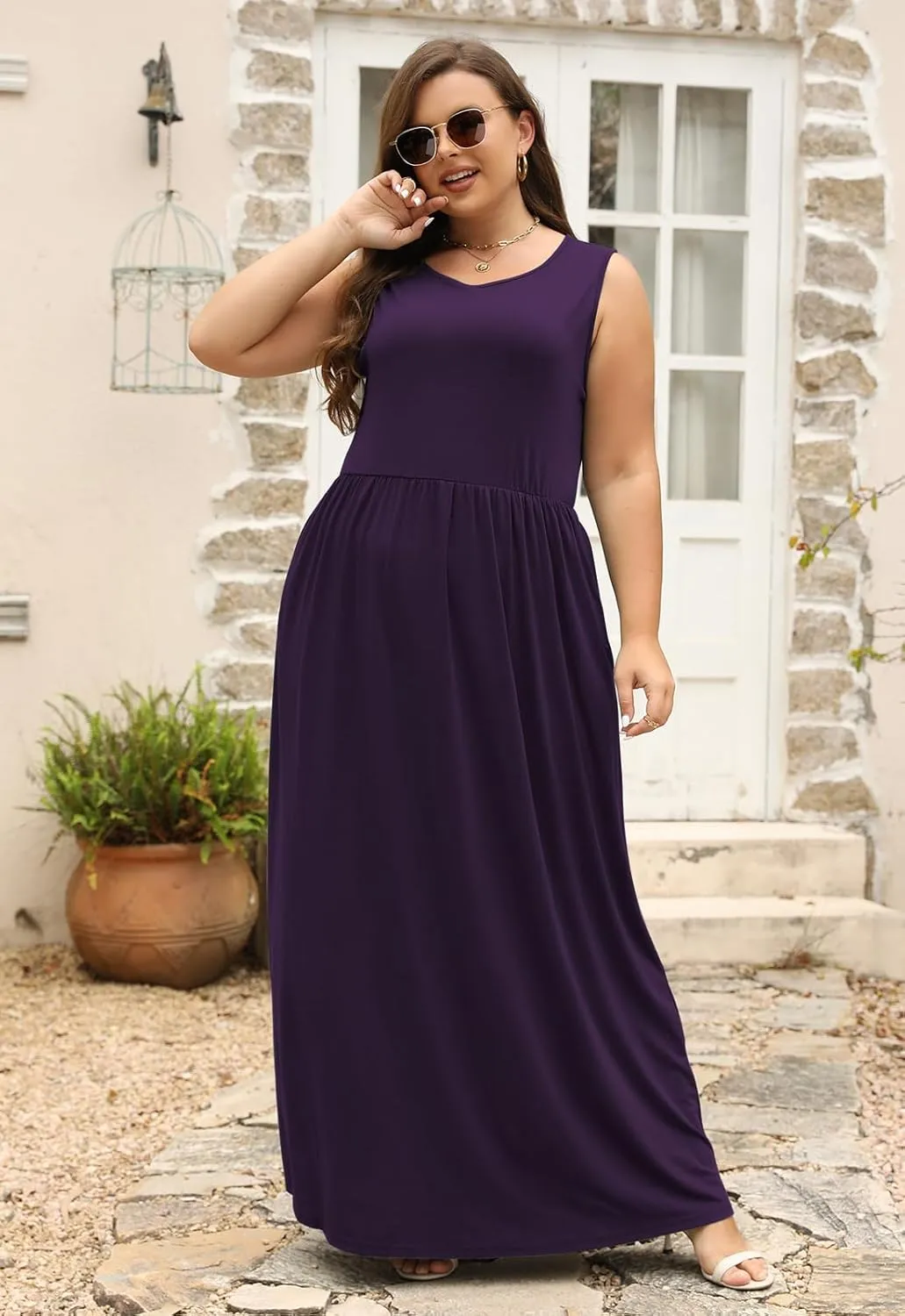 Nemidor Women Sleeveless Loose Plain Casual Plus Size Long Maxi Dress with Pockets