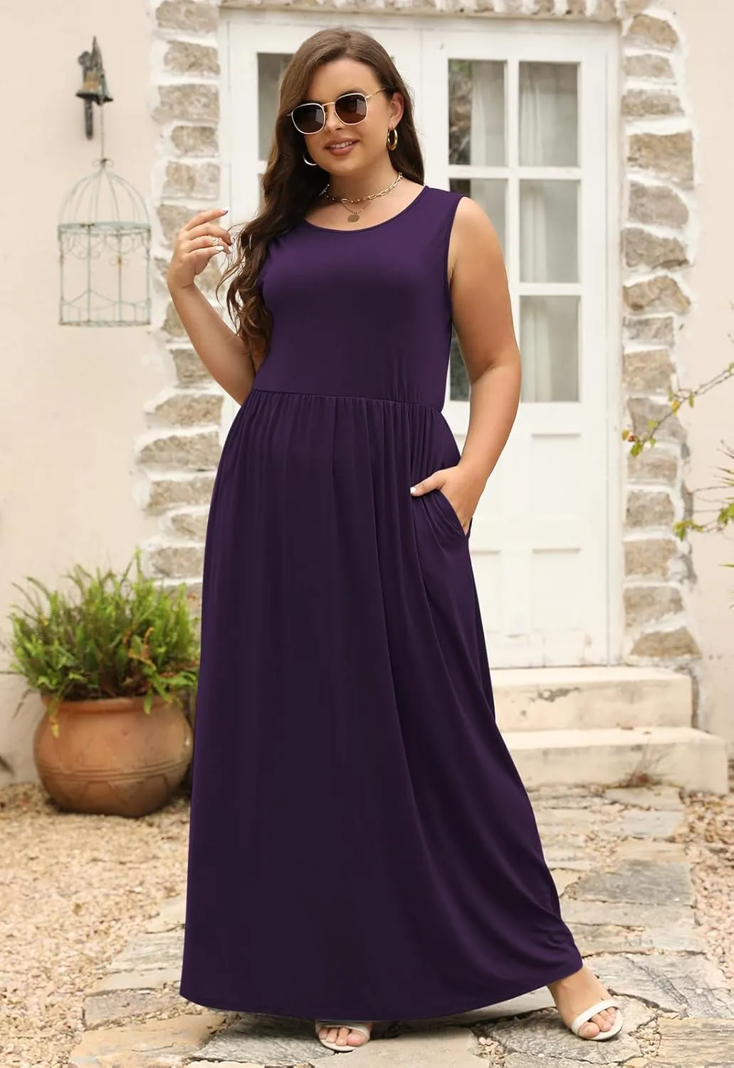 Nemidor Women Sleeveless Loose Plain Casual Plus Size Long Maxi Dress with Pockets