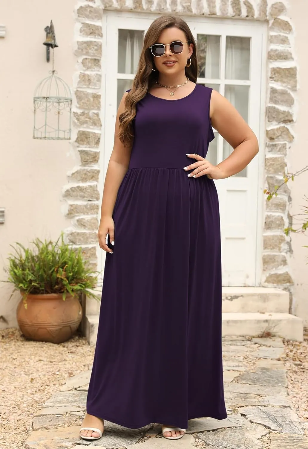 Nemidor Women Sleeveless Loose Plain Casual Plus Size Long Maxi Dress with Pockets