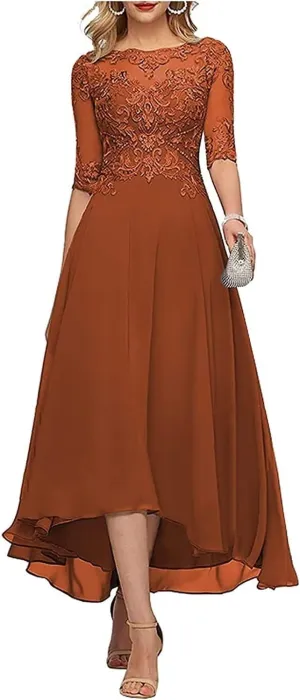 New Lace Appliques Mother of The Bride Dresses for Wedding 3/4 Sleeve Tea Length Beaded Formal Evening Prom Dress